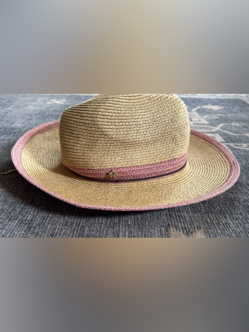 Capelli Tan Straw Hat with Pink Trim and Dark Brown Band